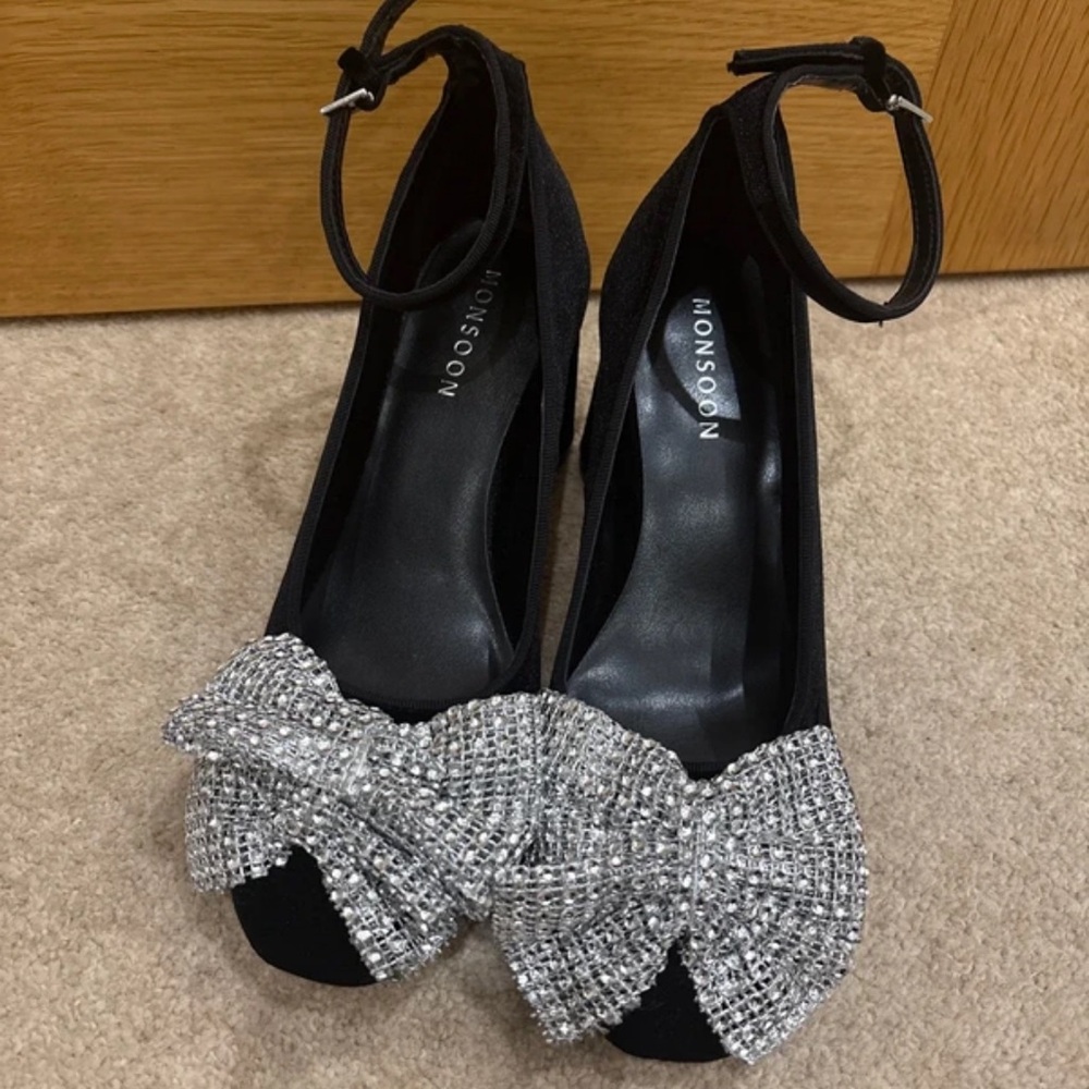 Monsoon Elegant Black Heels with Glittering Silver Bow